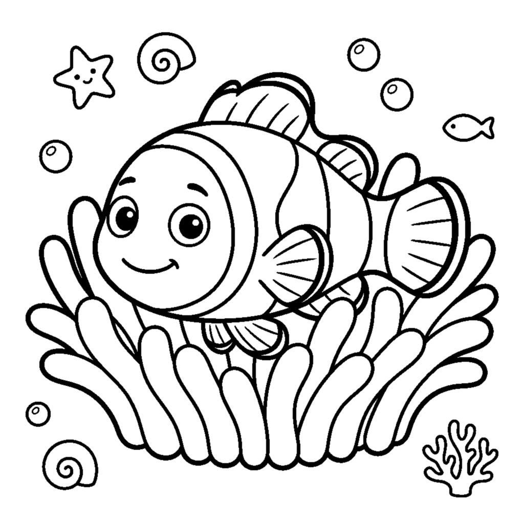 A cheerful clownfish peeking out from a soft rounded anemone coloring page