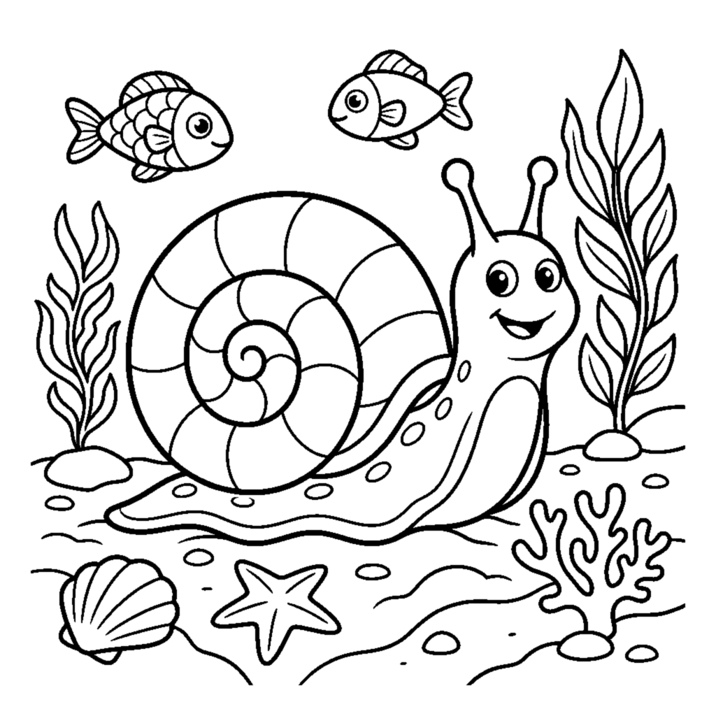 A curled-up sea snail crawling across the ocean floor coloring page