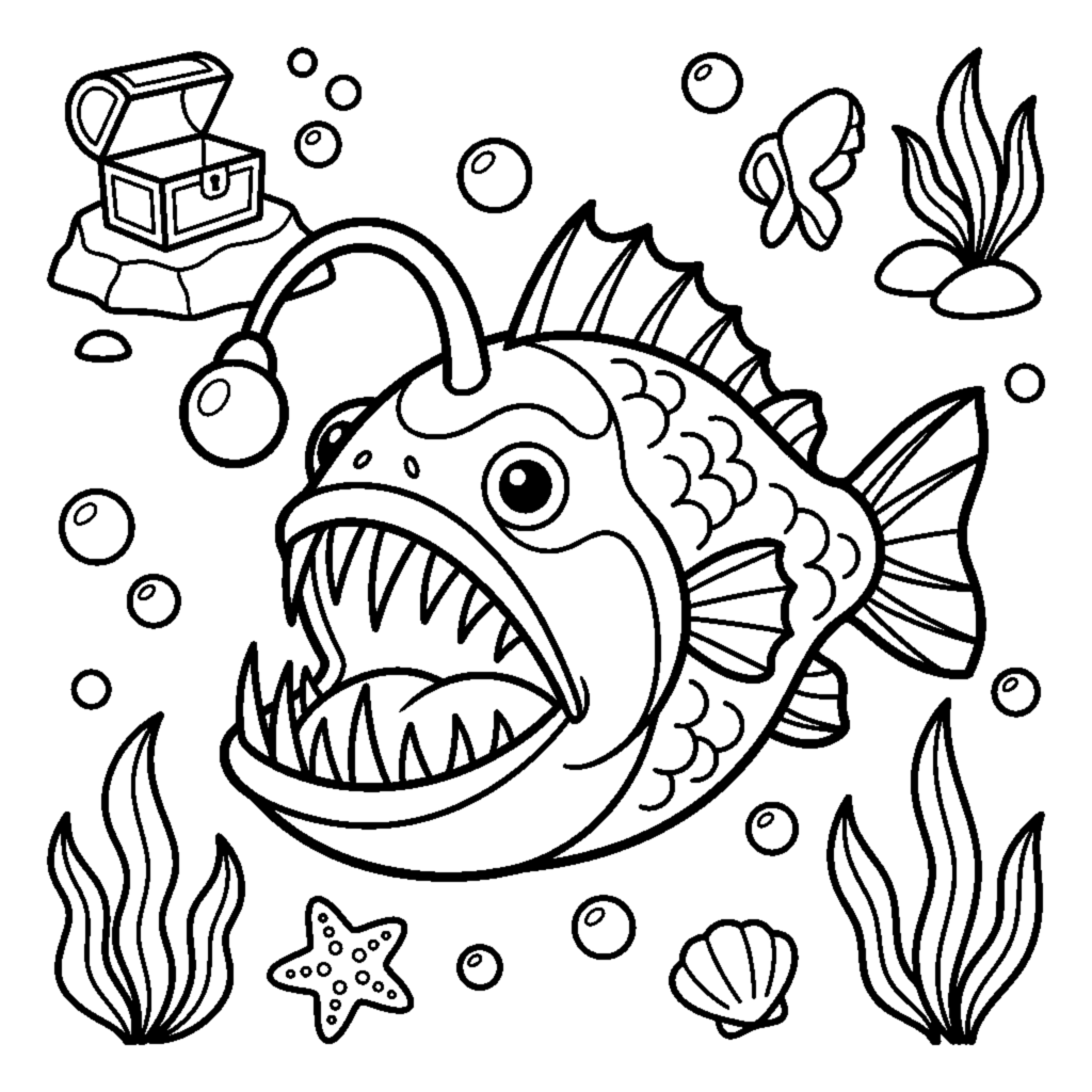 A wide-mouthed anglerfish with a round glowing lantern bulb coloring page