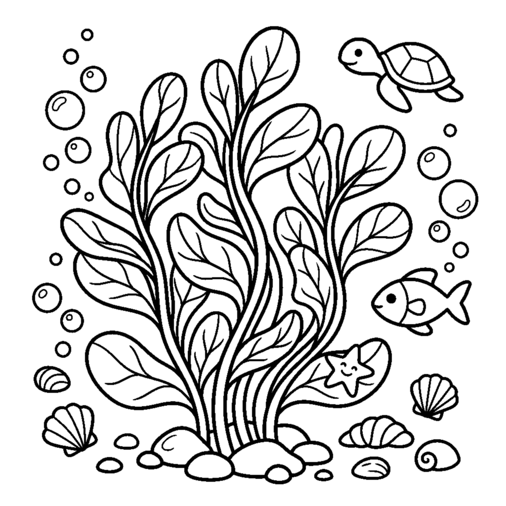 A pod of tiny bubbles rising past swaying strands of seaweed coloring page