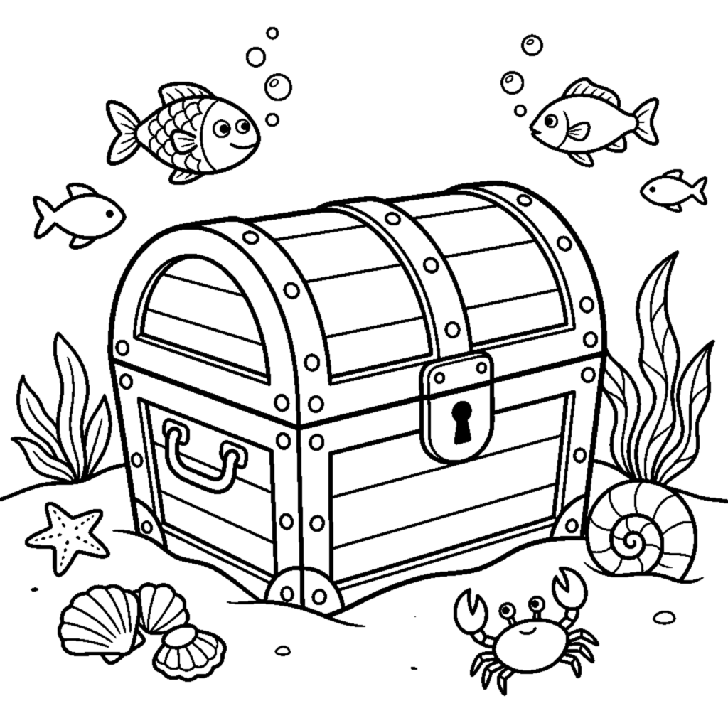 A treasure chest with a rounded lid resting in the sand coloring page