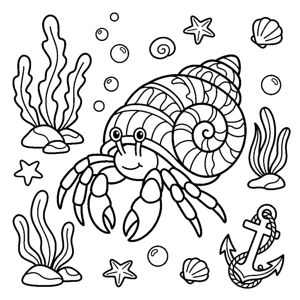 A hermit crab carrying a spiral shell on its back coloring page