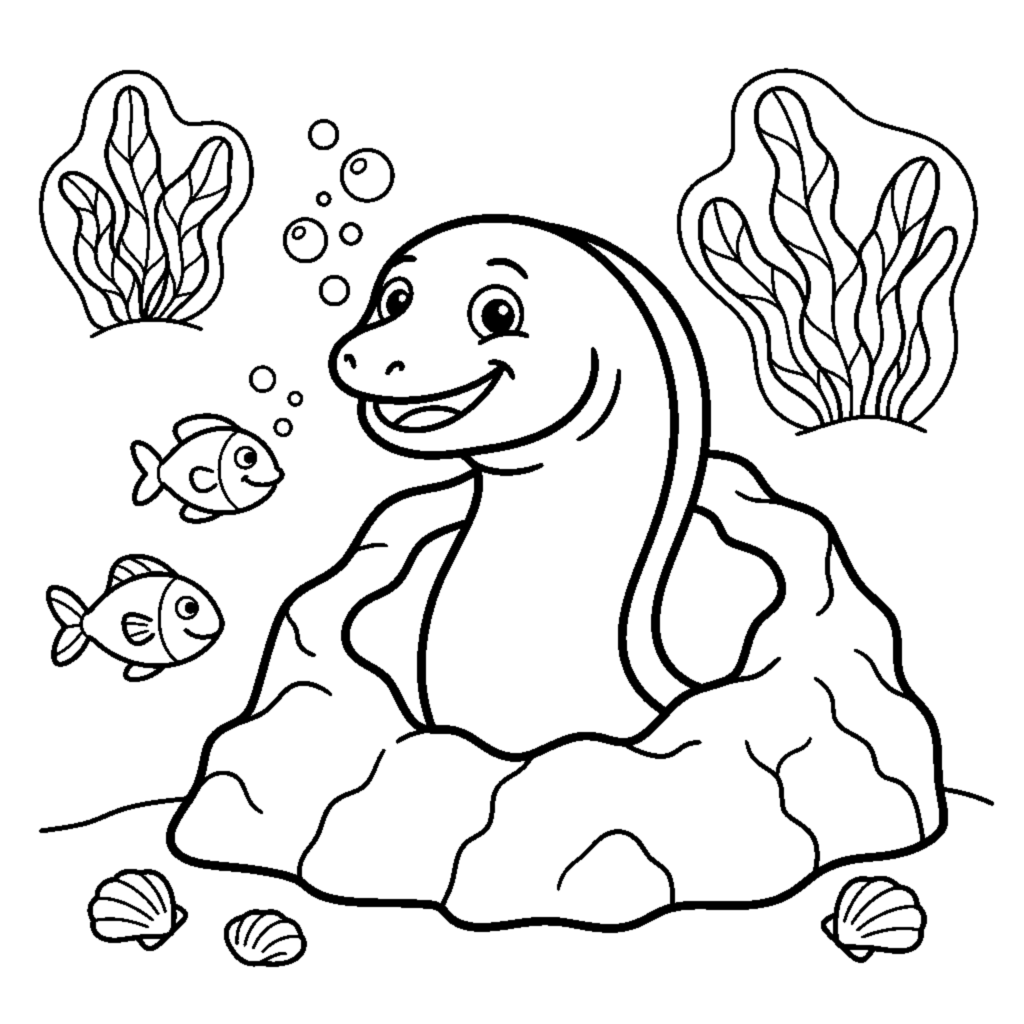 A smiling eel poking its head out from a rocky hole coloring page