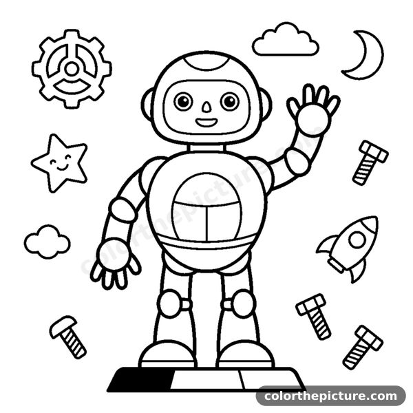 A friendly humanoid robot standing and waving one hand hello coloring page