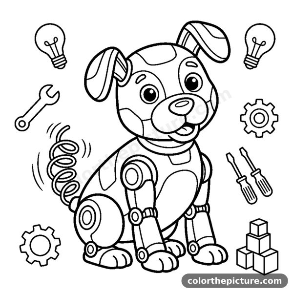 A cute robot dog sitting and wagging its spring-coil tail coloring page