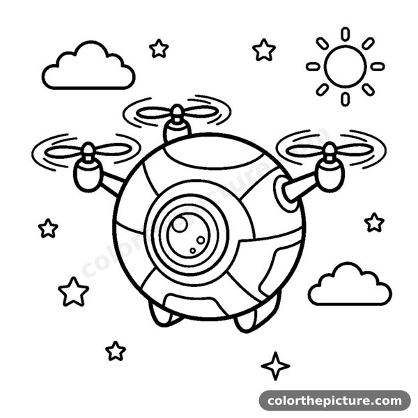 A small round flying drone robot with spinning propellers and a camera eye coloring page