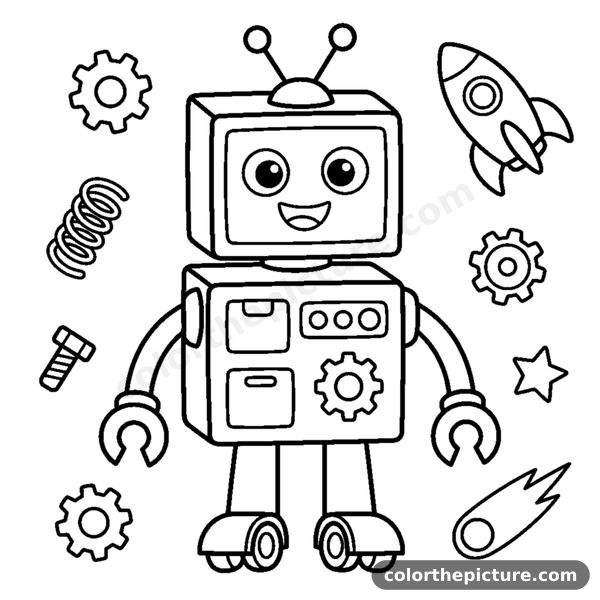 A boxy square-bodied robot with a big smiling screen face coloring page