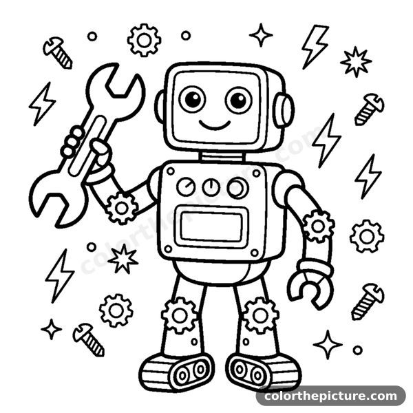 A robot holding up a large wrench in one claw hand coloring page