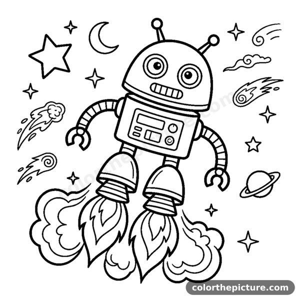 A rocket-powered robot blasting off with flames from its feet coloring page