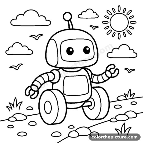 A tiny wheeled robot rolling along on two round wheels coloring page
