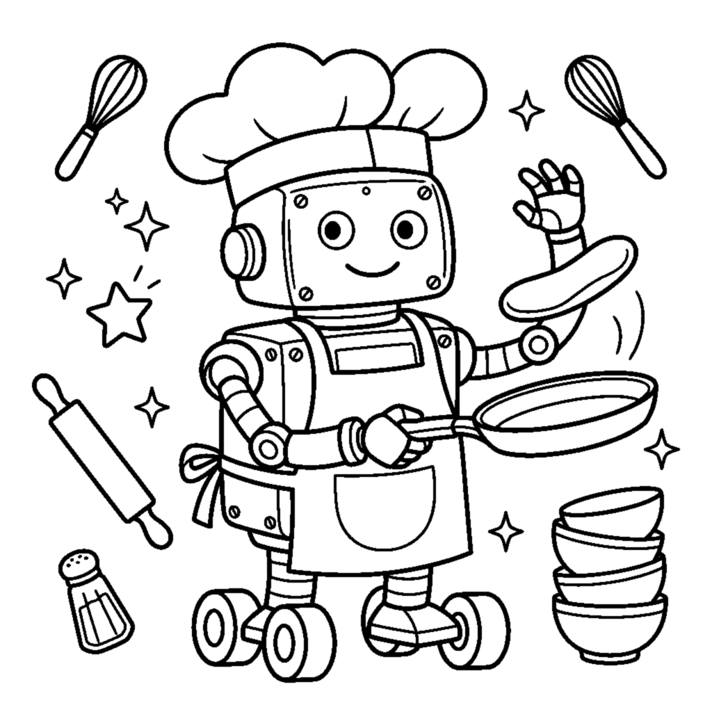 A chef robot flipping a pancake in a frying pan coloring page