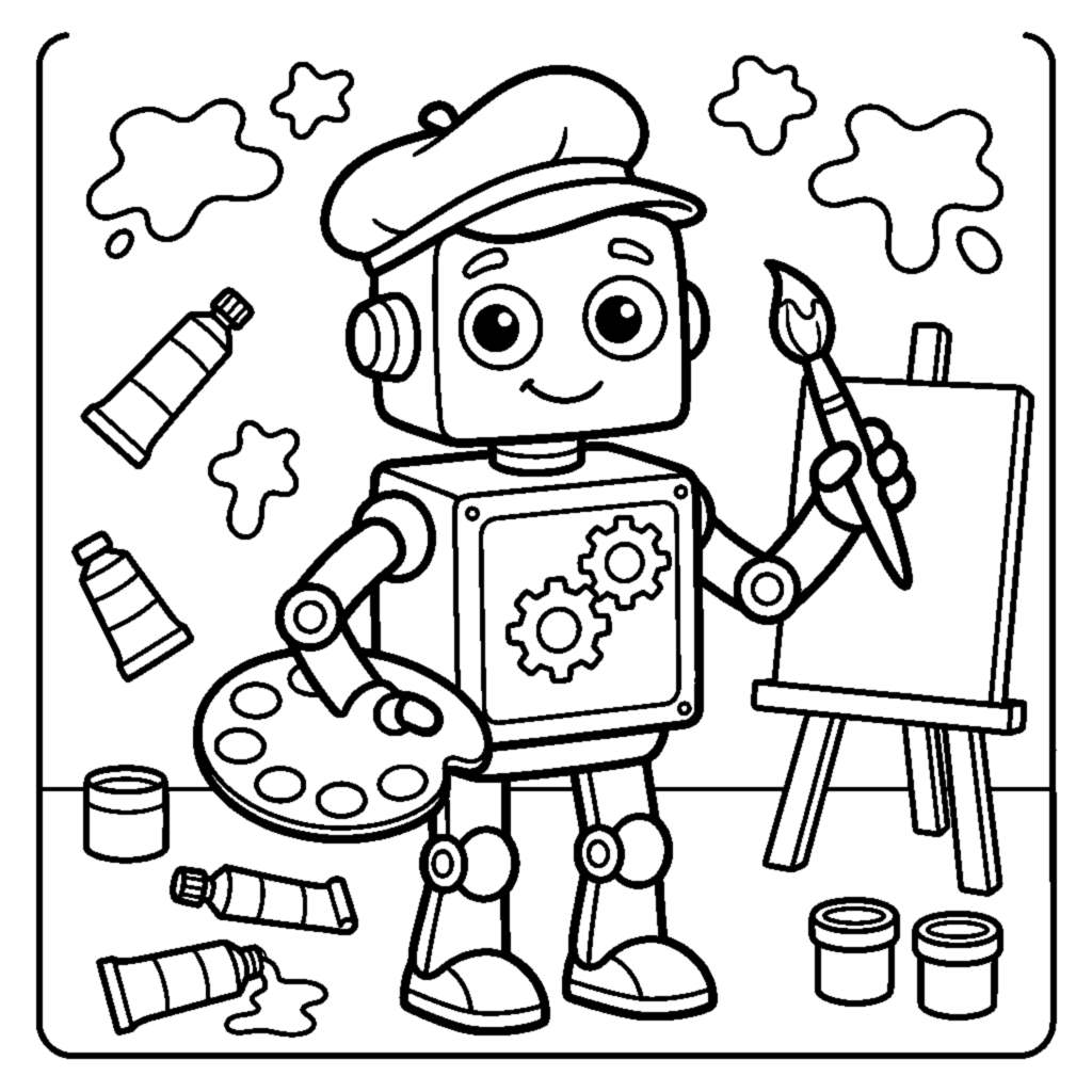 A painter robot holding a brush and a paint palette coloring page