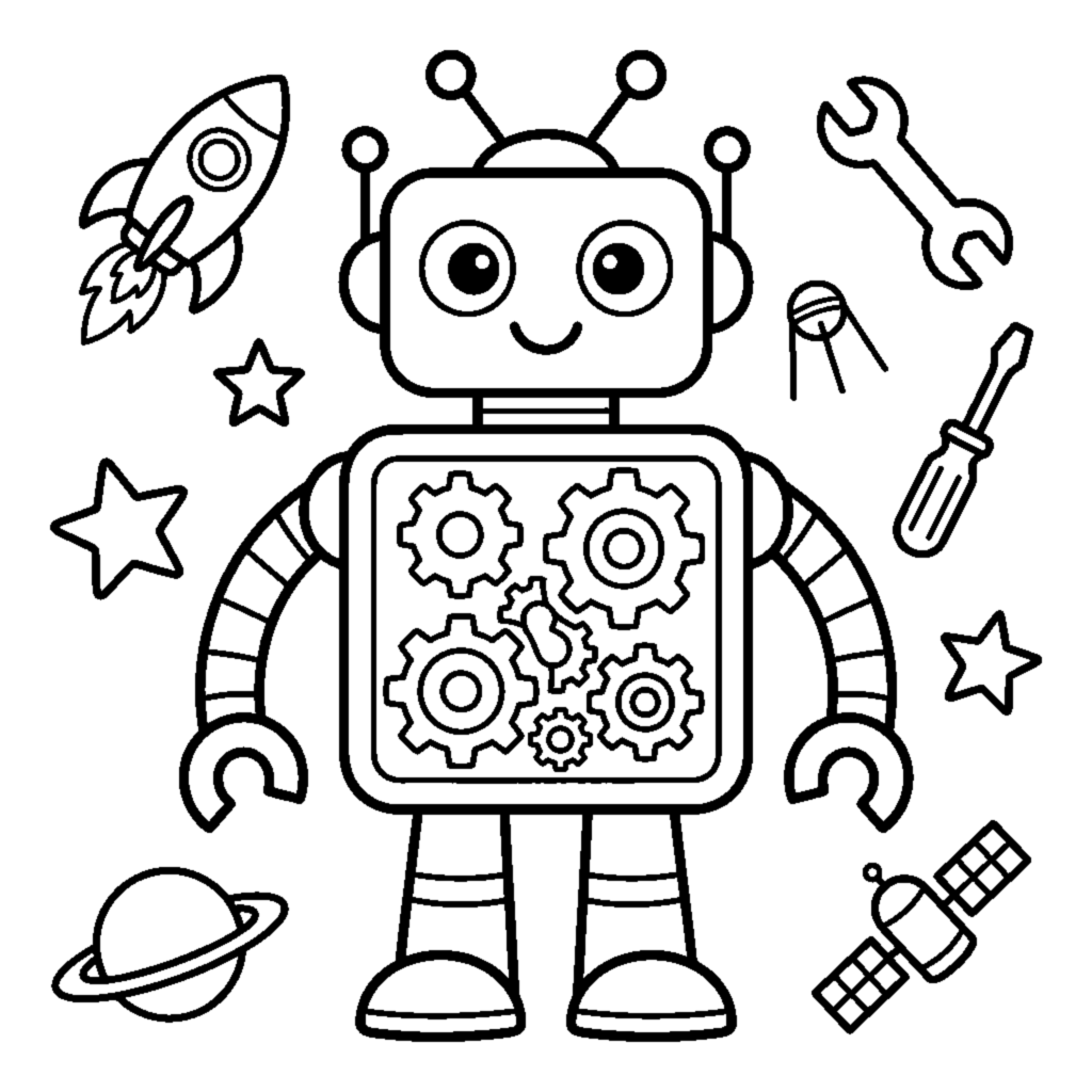 A robot with lots of turning gears and cogs on its chest coloring page