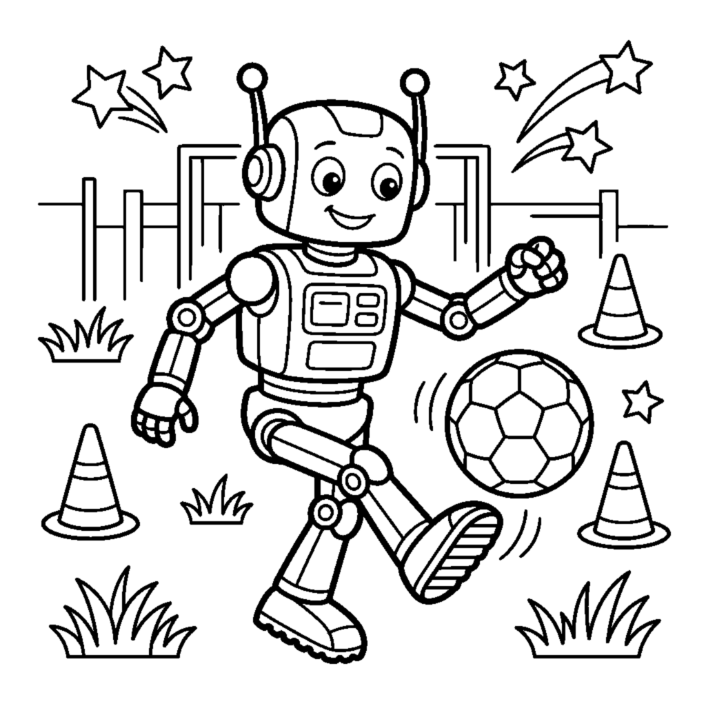 A soccer-playing robot kicking a round ball with its foot coloring page