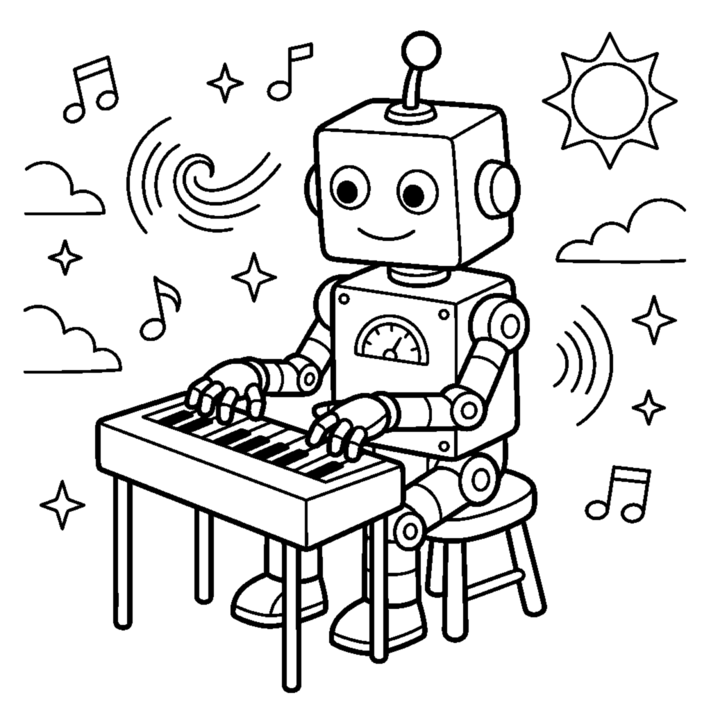 A musician robot playing a small keyboard with its fingers coloring page