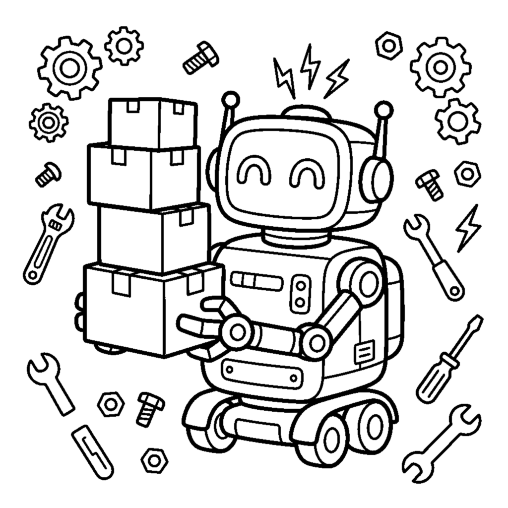 A double-armed helper robot carrying a stack of boxes coloring page