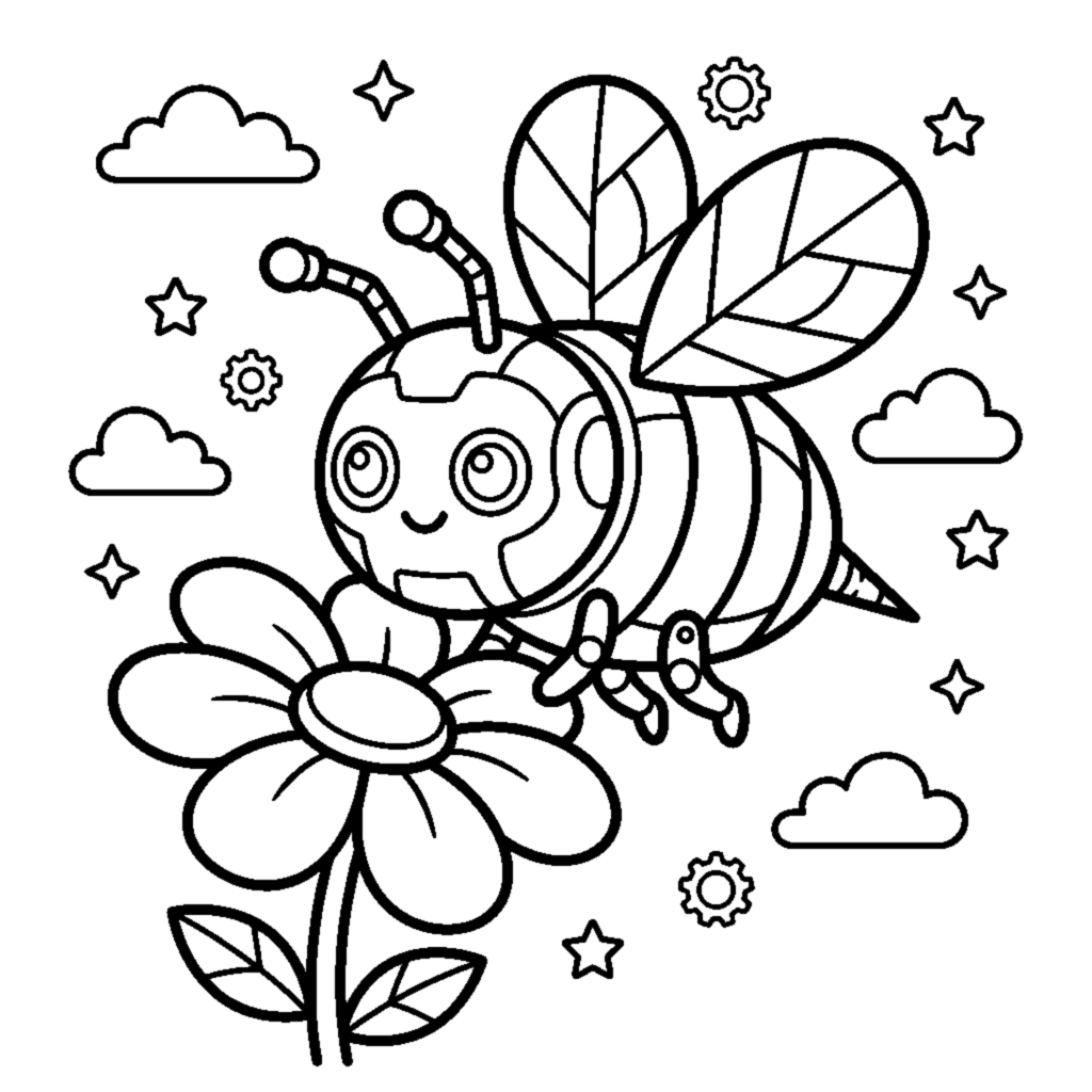 A robot bee with round wings hovering over a flower coloring page