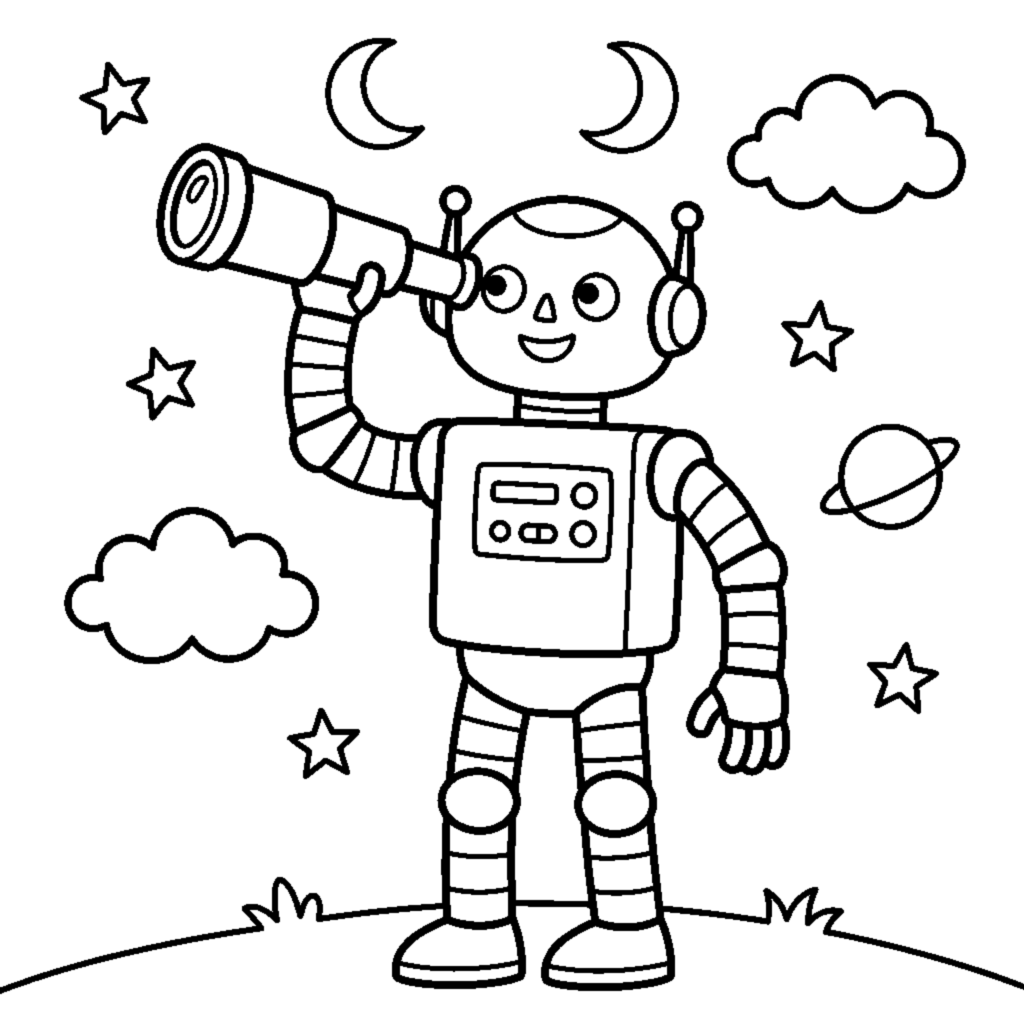A tall friendly robot with a telescope looking up at stars coloring page