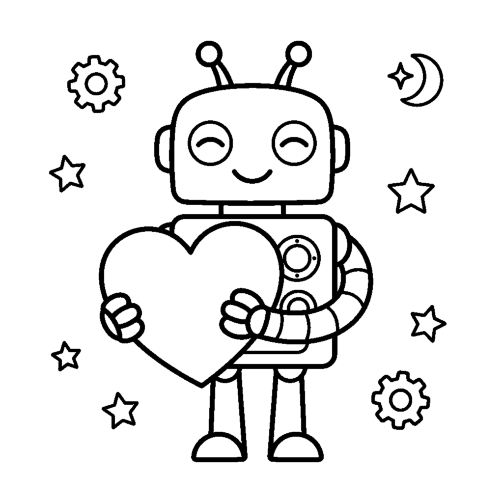 A little robot hugging a heart shape in its two hands coloring page