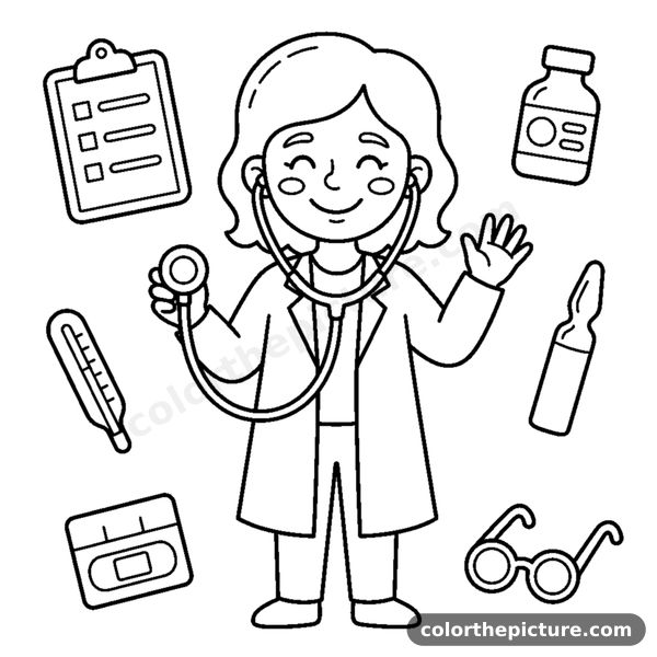 A smiling doctor in a plain coat holding a round stethoscope coloring page
