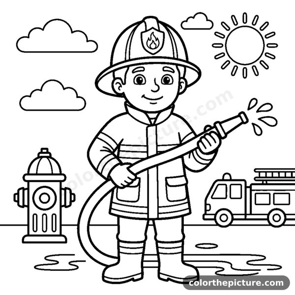 A firefighter in a helmet holding a curved water hose coloring page