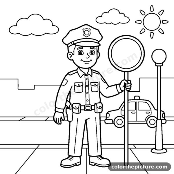 A police officer standing beside a round traffic-stop sign shape coloring page