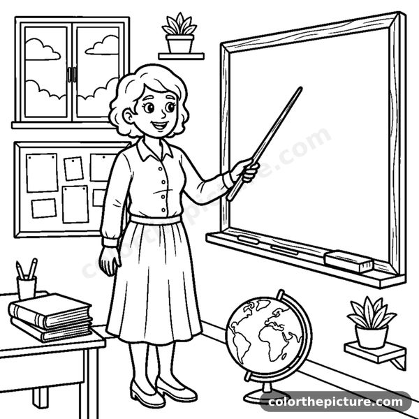A teacher standing next to a blank chalkboard holding a pointer coloring page