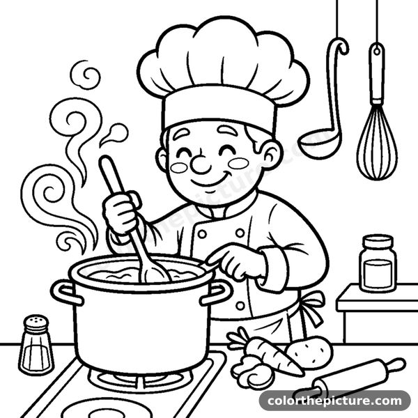 A cheerful chef in a tall hat stirring a big cooking pot coloring page