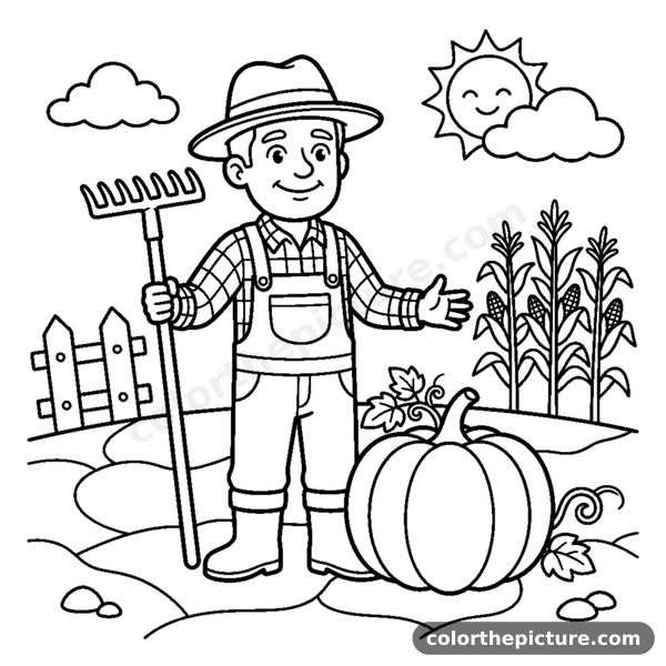 A farmer holding a rake standing beside a plump pumpkin coloring page
