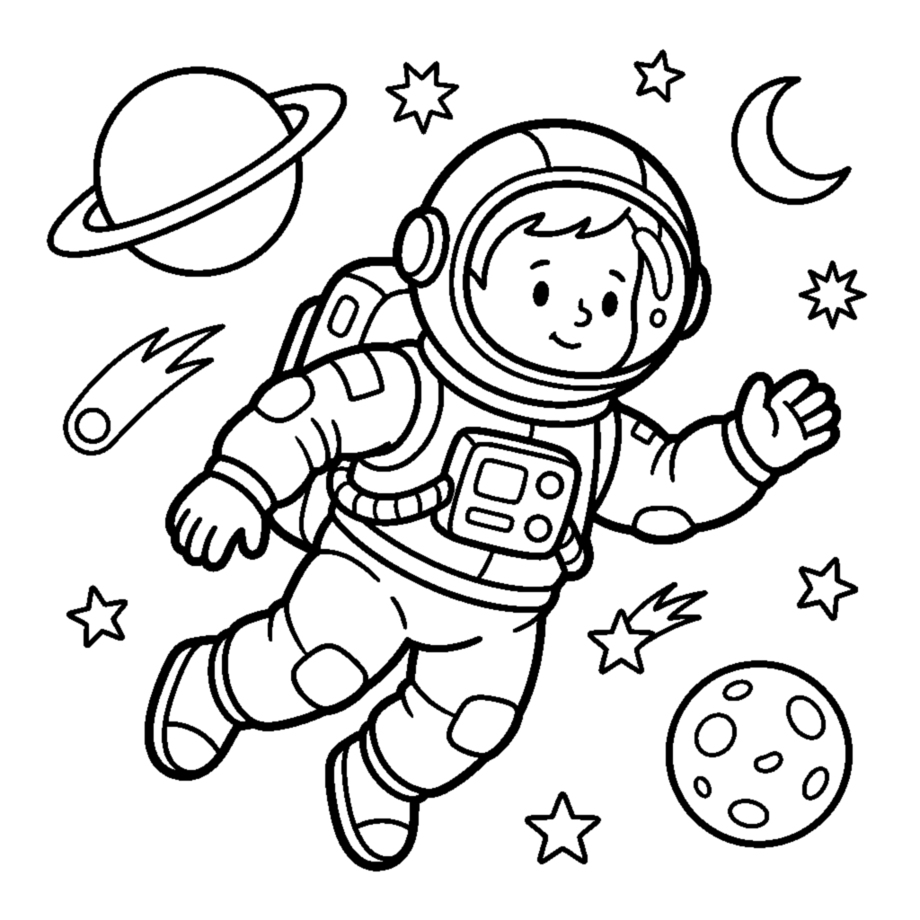 An astronaut in a puffy suit floating with tiny round stars coloring page