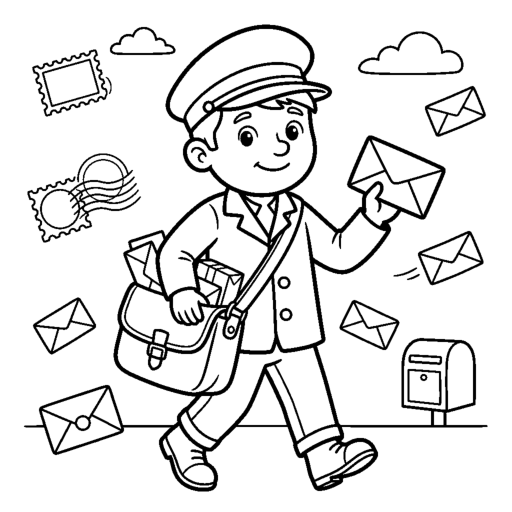 A mail carrier carrying a shoulder bag holding an envelope coloring page