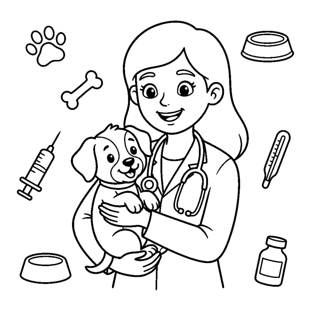A veterinarian gently holding a happy little puppy coloring page