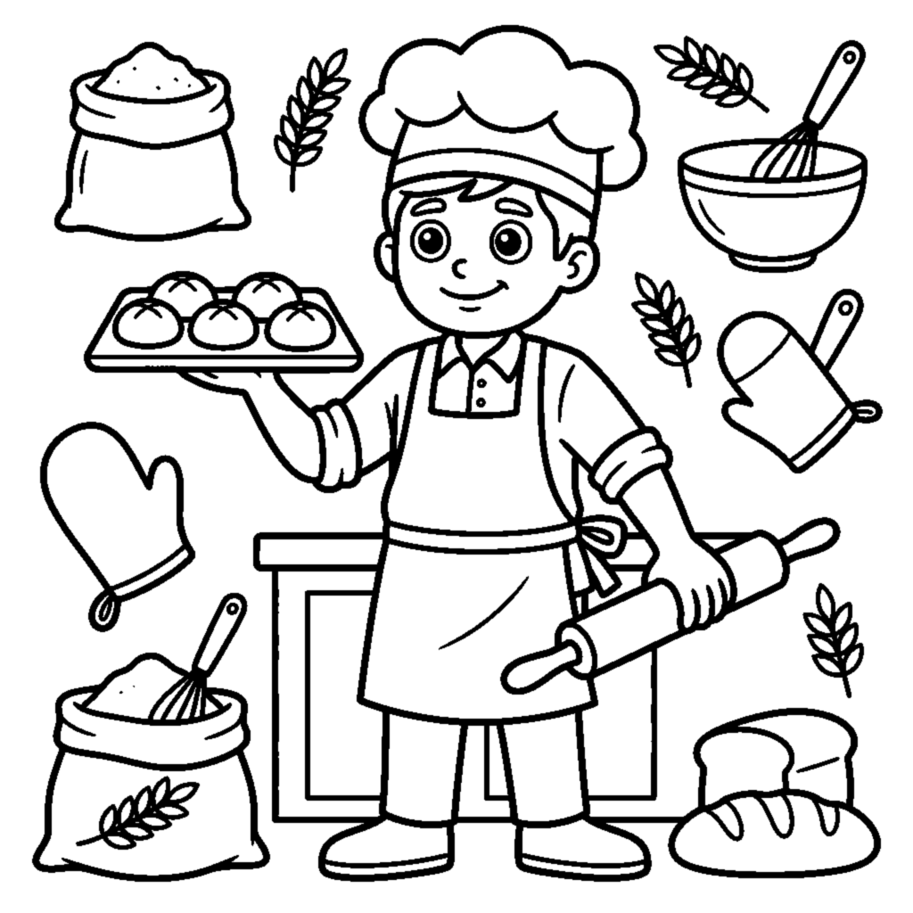 A baker holding a tray of round rolls beside a rolling pin coloring page