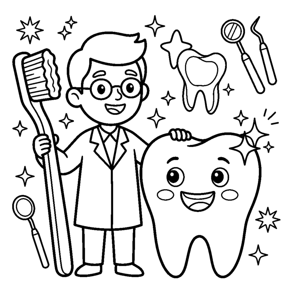 A dentist holding a giant toothbrush next to a big smiling tooth coloring page