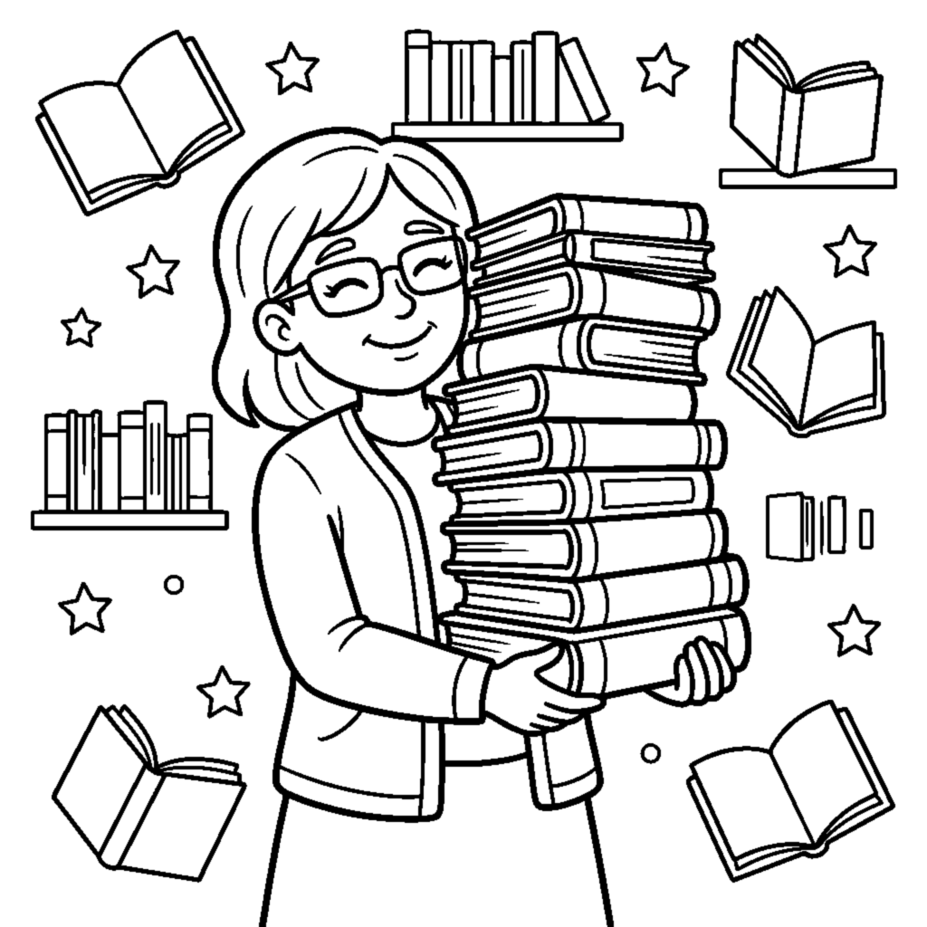 A librarian holding a tall stack of books coloring page