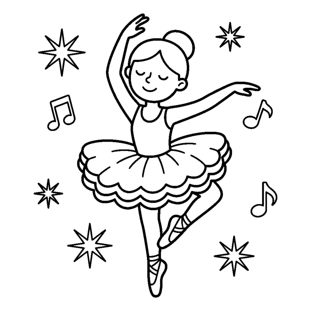 A ballerina dancer posed on tip-toes with fluffy tutu coloring page