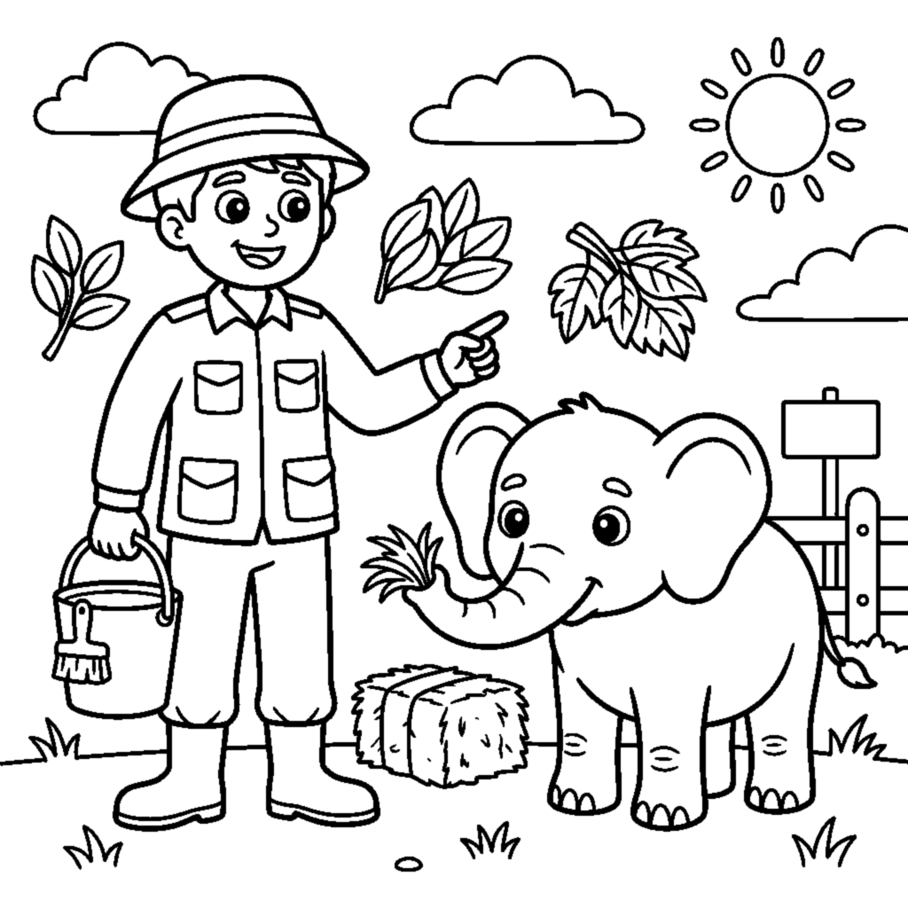 A zookeeper holding a bucket beside a friendly little elephant coloring page
