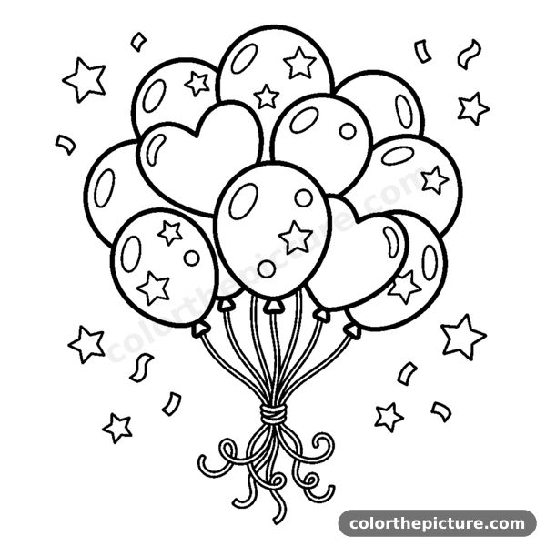A bunch of round balloons tied together with curly strings coloring page