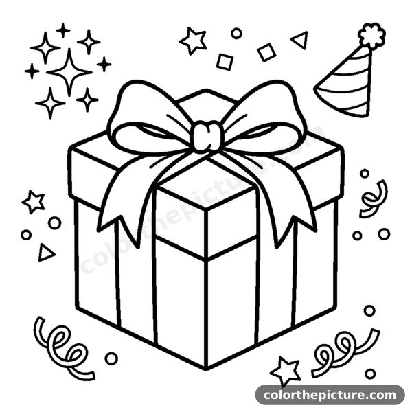 A square gift box wrapped with a big ribbon bow coloring page