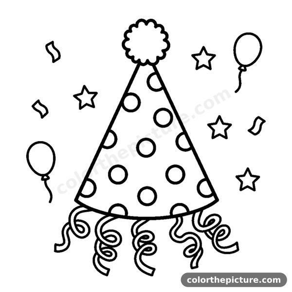 A pointed party hat with a pom-pom and polka dots coloring page