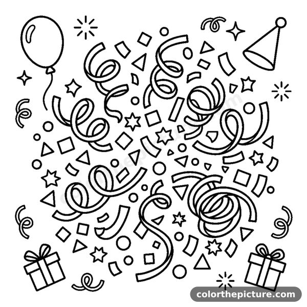 A pile of confetti pieces and streamers swirling in the air coloring page