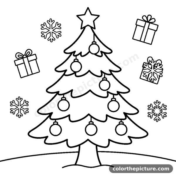 A decorated pine tree with round ornaments and a star on top coloring page