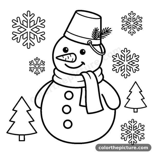 A round snowman with a scarf, buttons, and a bucket hat coloring page