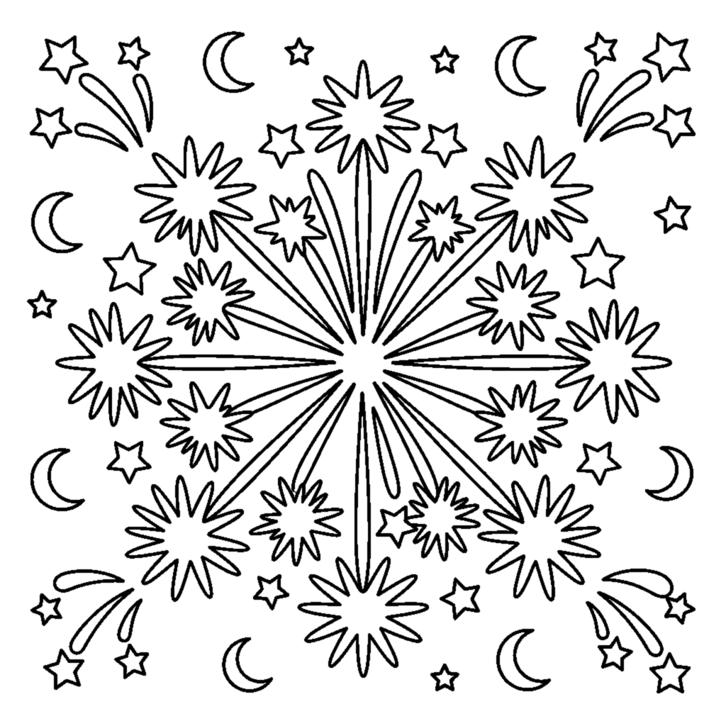 A burst of fireworks sparkling in the night sky coloring page