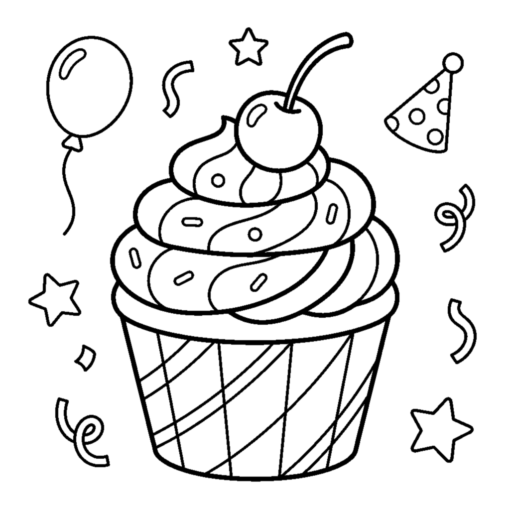 A frosted cupcake with a swirl of icing and a cherry coloring page