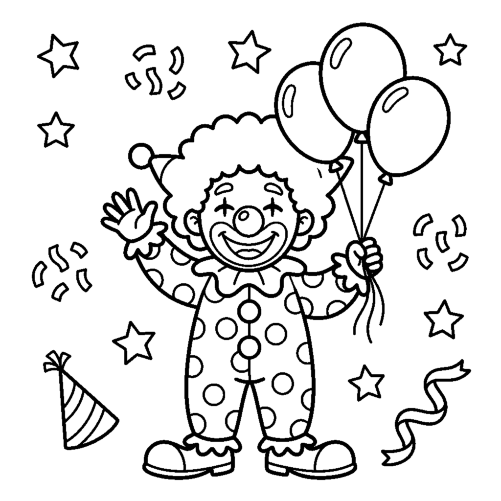 A cheerful clown holding three balloons coloring page