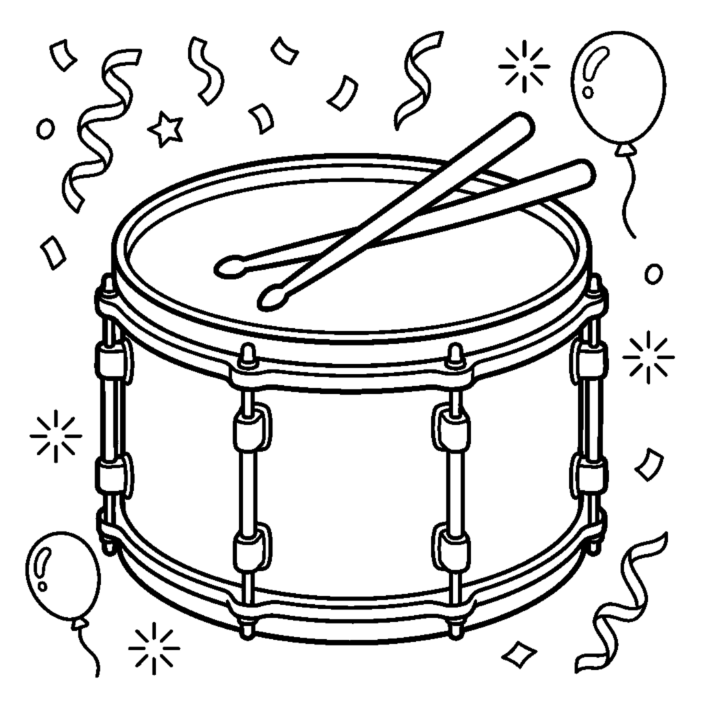 A drum with crossed drumsticks resting on top coloring page