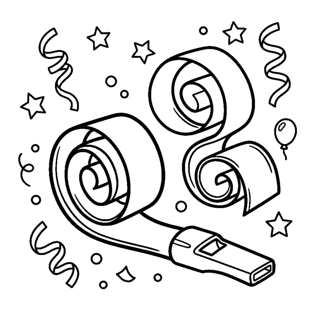 A whistle-shaped party blower unrolled and curling coloring page