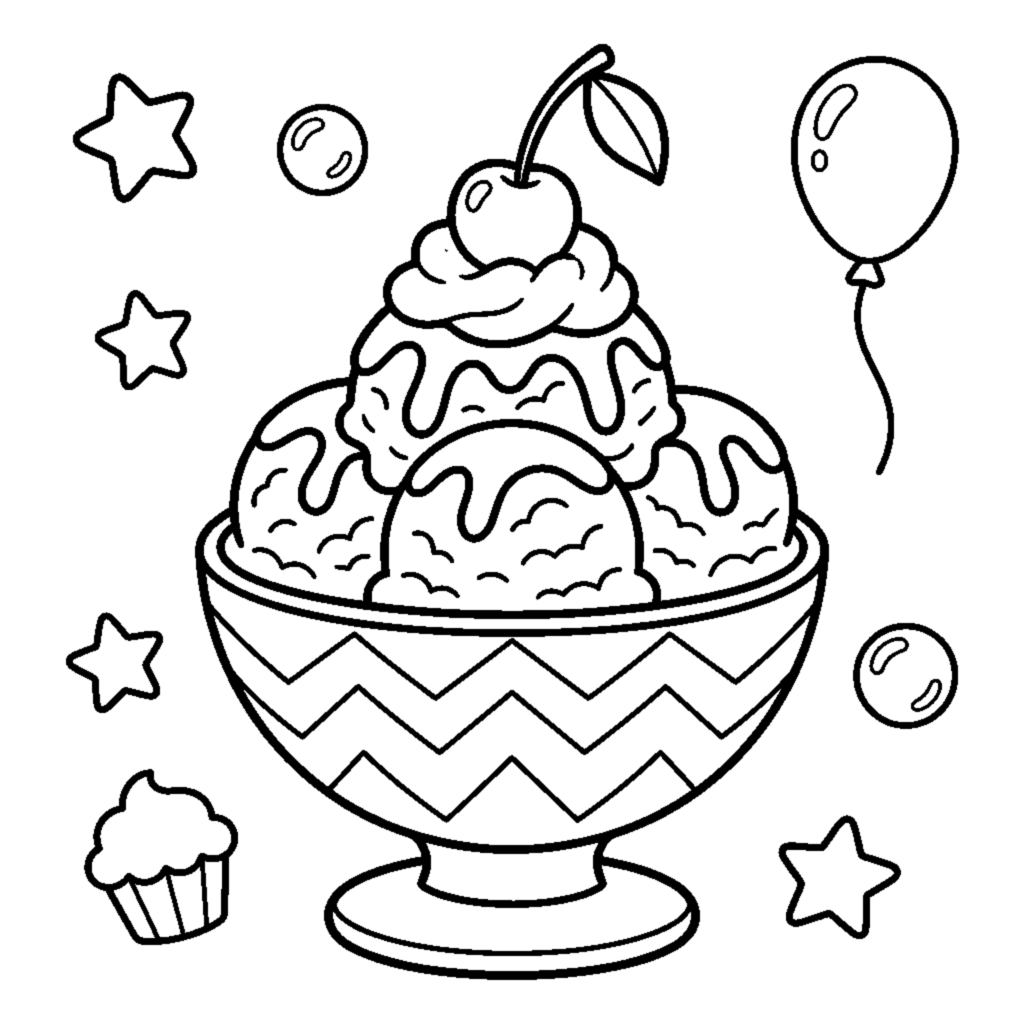 A big bowl of scoops of ice cream with a cherry on top coloring page