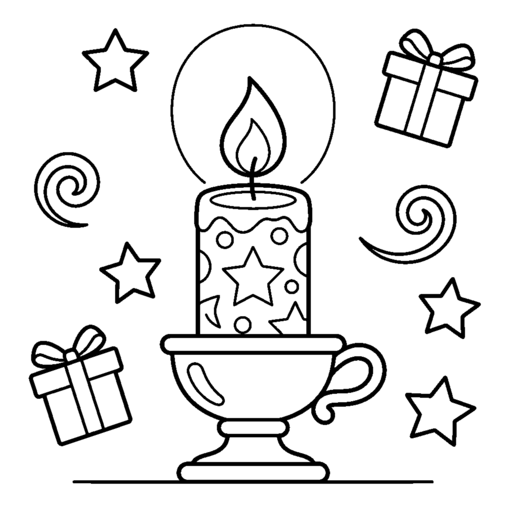 A festive candle glowing on a small holder coloring page